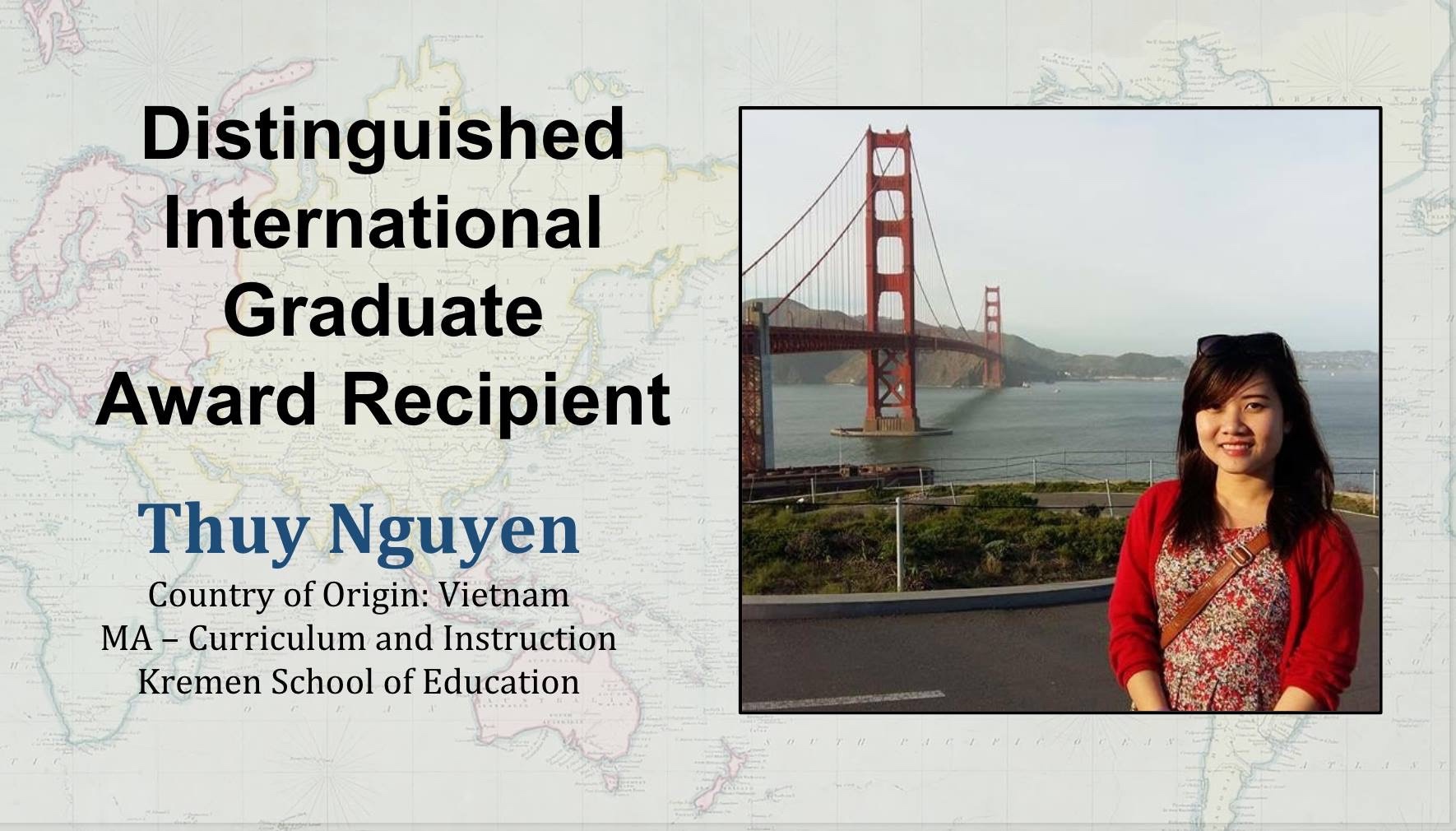 Thuy Nguyen standing in front of San Francisco bridge.