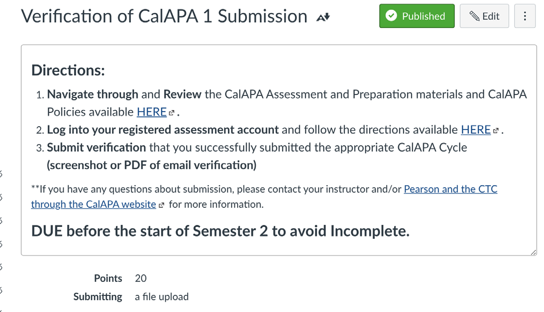 Text of the competency task overview with the CAPE standards line highlighted as a link and a screenshot of the assignment instructions and submission examples.
