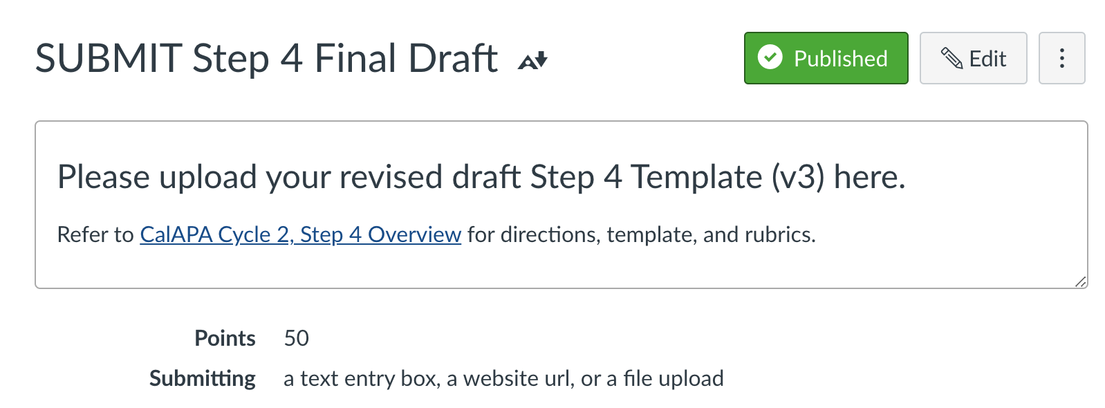 Canvas assignment page for submitting Step 4 final draft and verification of CalAPA 2 submission
