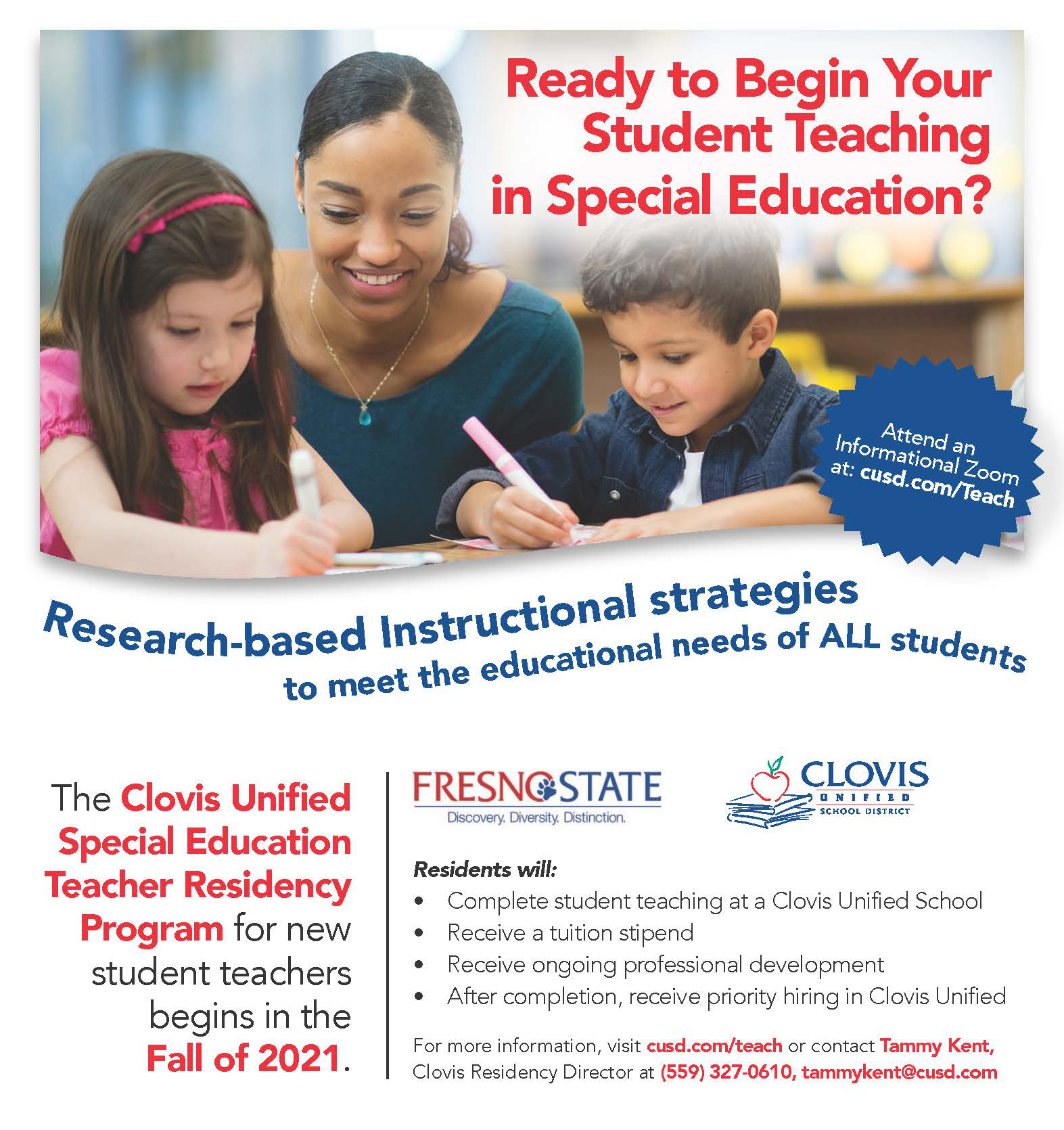 Flyer for student teaching in special education with a Zoom information session announcement