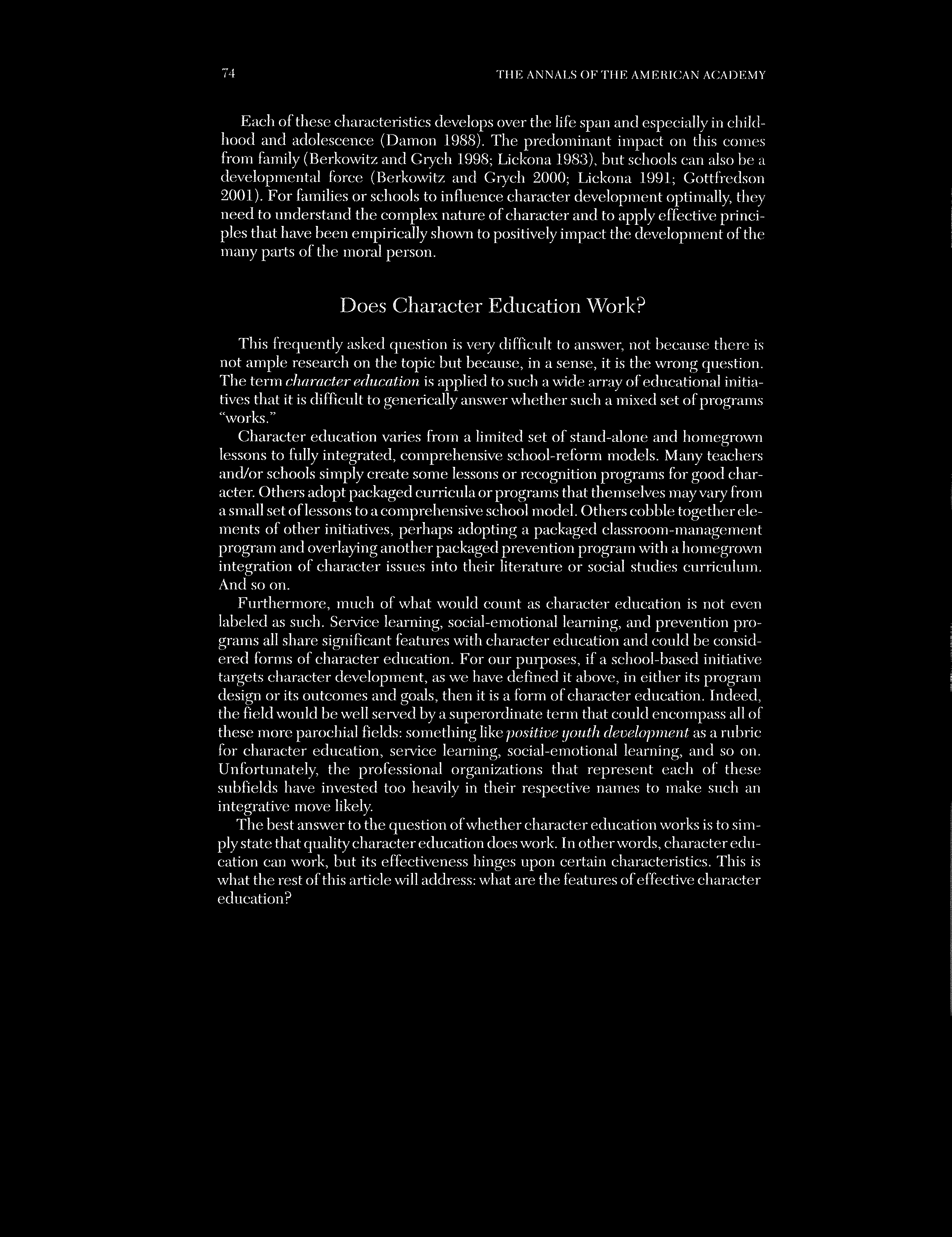 Article text discussing whether character education works