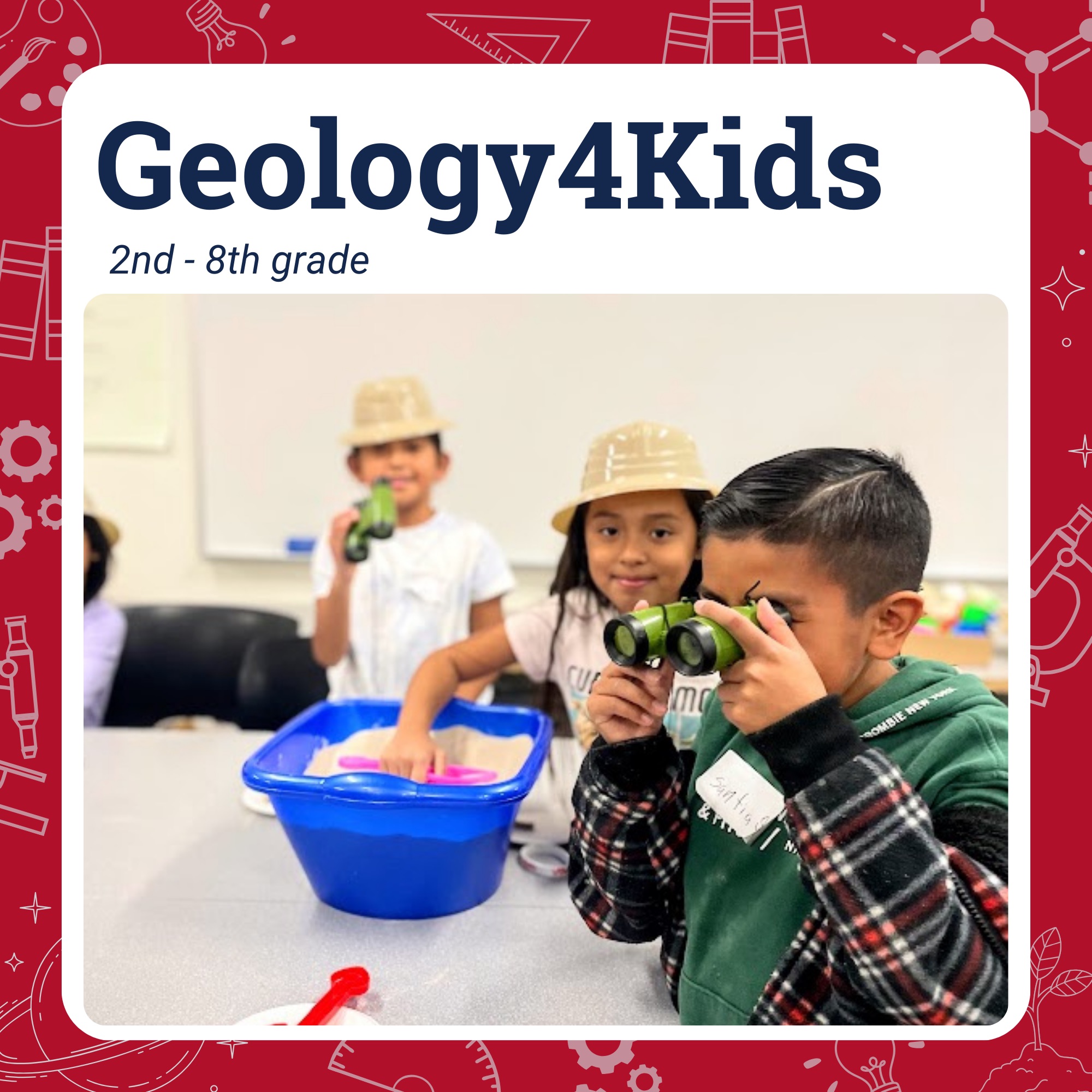 Geology 4 Kids image of students looking through binoculars at sand bins