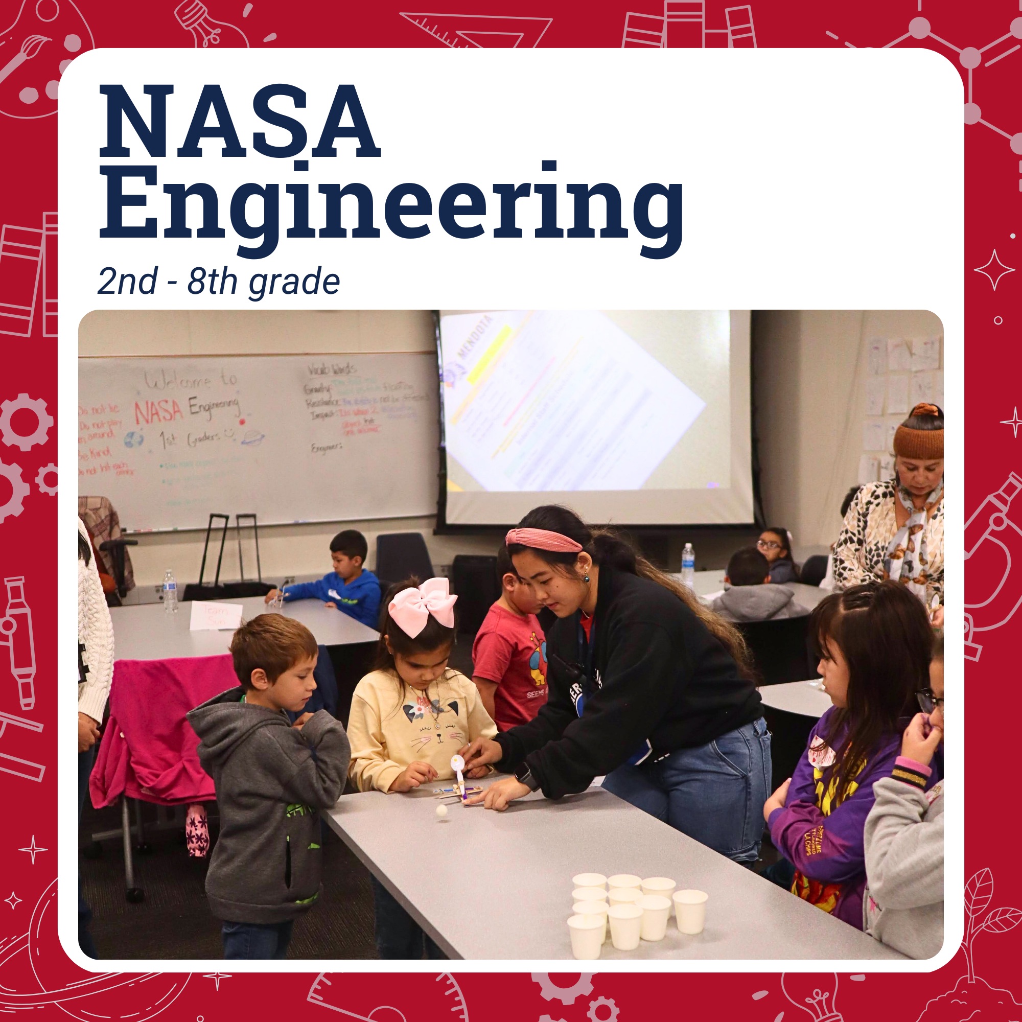 NASA Engineering image of tutor helping student with a spoon and rubber band launcher