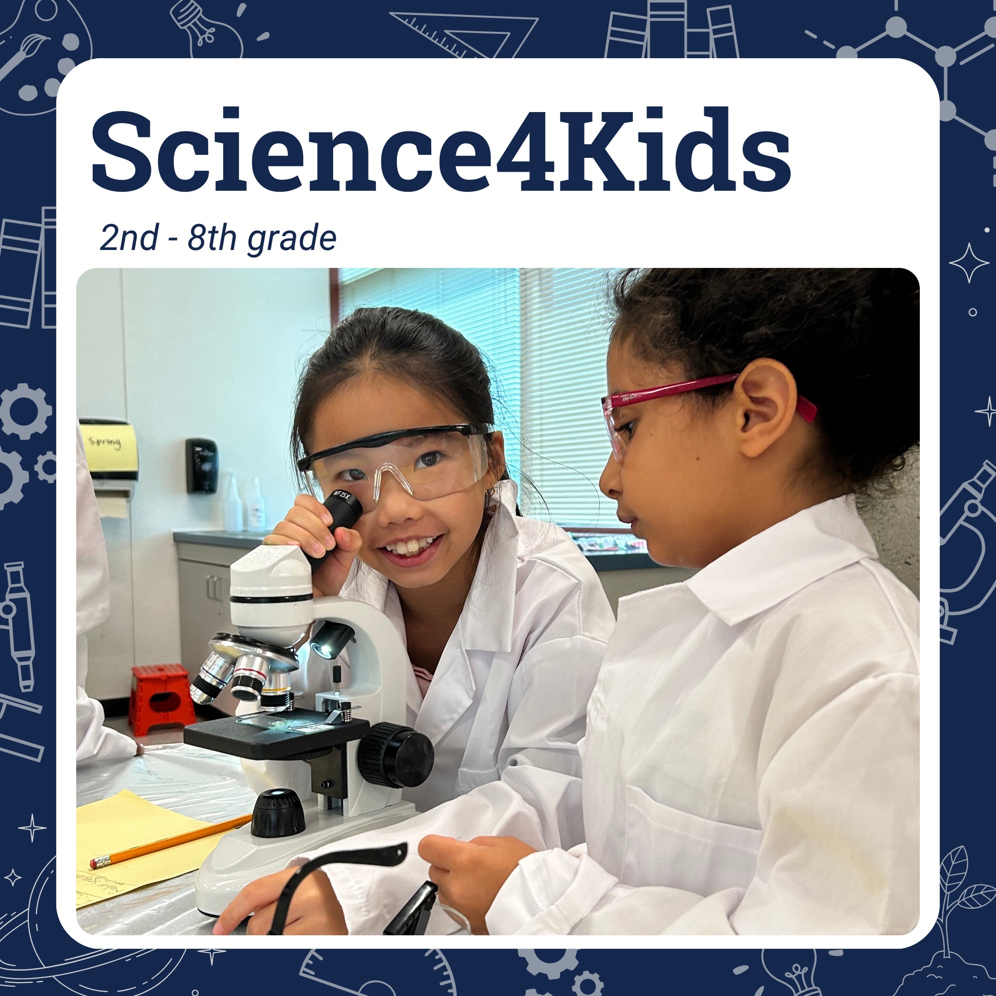 Science 4 Kids image of two students in lab coats and one examining a microscope