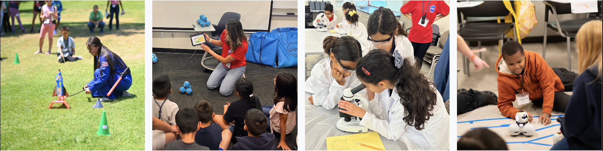 Four image squares of students and tutors engaging in various science and art related activities