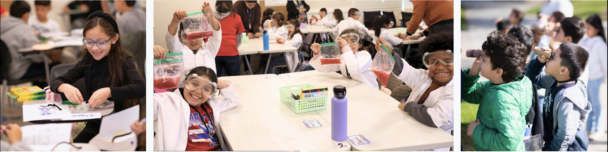 Three image squares of students engaging in various science and art related activities