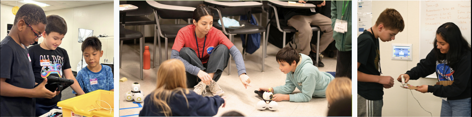 Three image squares of students and tutors engaging in various robotic related activities