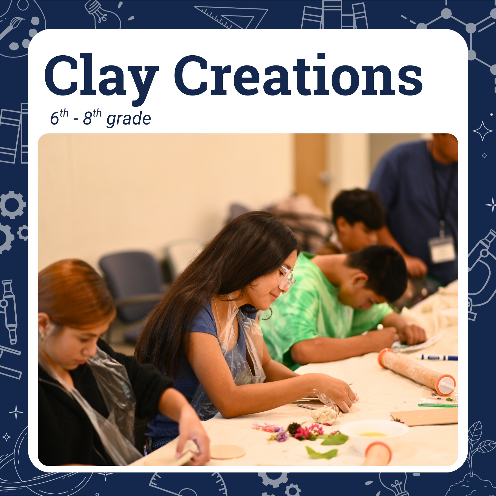 Several students working on their raw air-dry clay projects at a long table