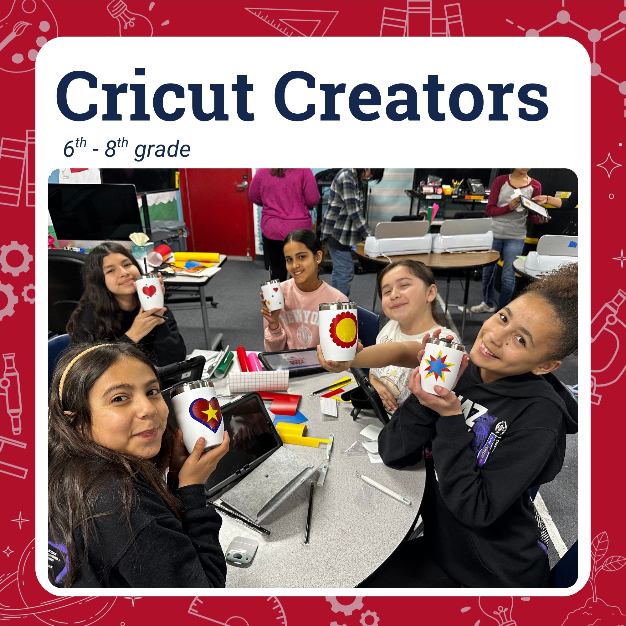 Five students sitting at a table showing off their Cricut cup designs