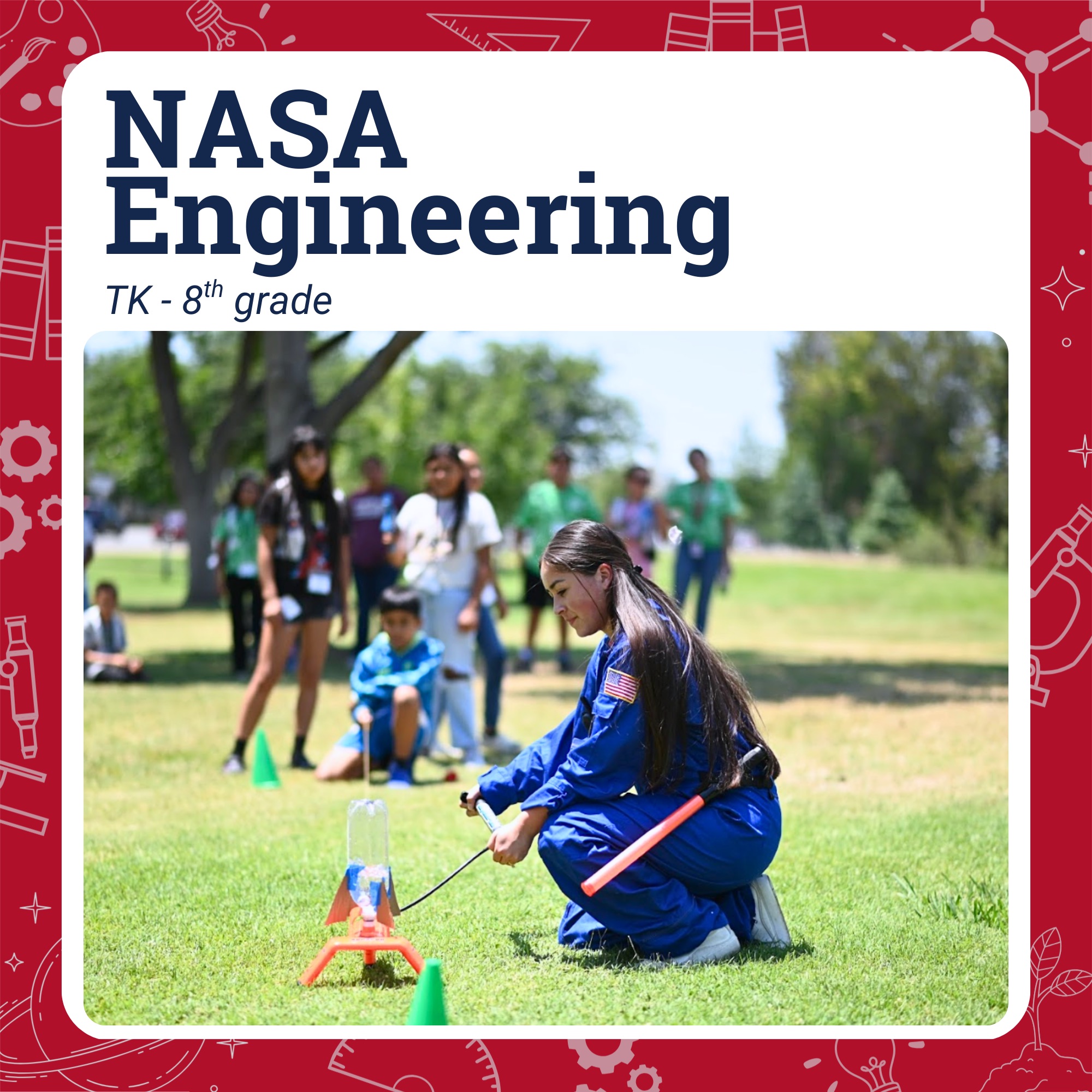 Tutor in NASA jumpsuit, outside, trying to launch a water rocket
