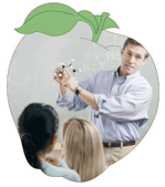 Science teacher presenting to an audience with a laboratory-themed background