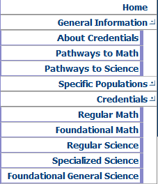 Navigation menu showing categories such as Home, General Information, Specific Populations, Credentials, For Candidates, K-12 & STEM Experiences, University Resources, Other Resources, and Contact Us