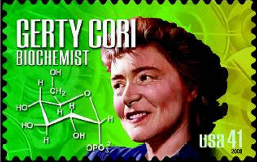 Stamp-style image of Gerty Cori with molecular diagram