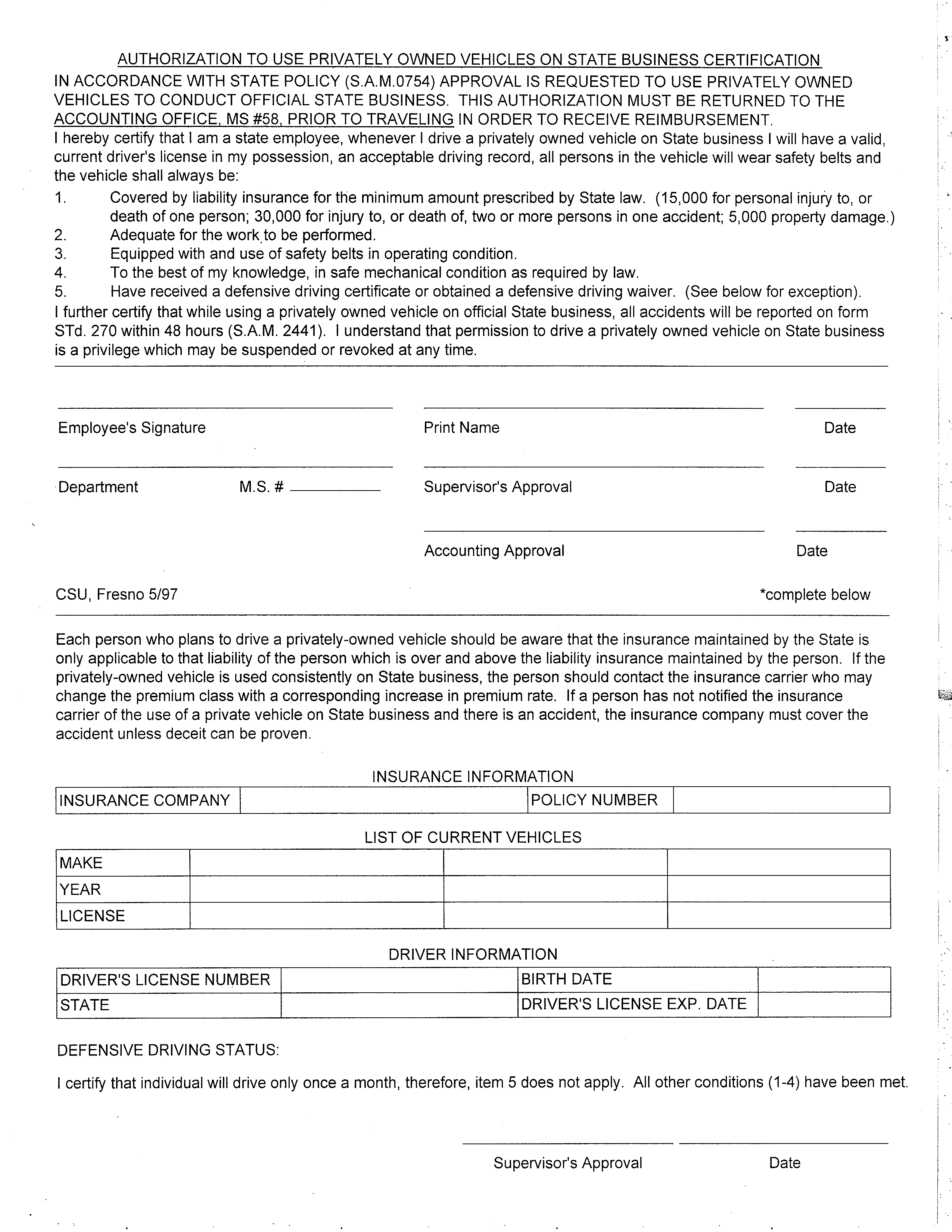 Privately owned vehicle authorization, insurance information, vehicle list, and driver information form