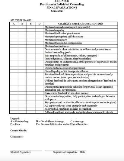Counseling 238 supervisor evaluation form