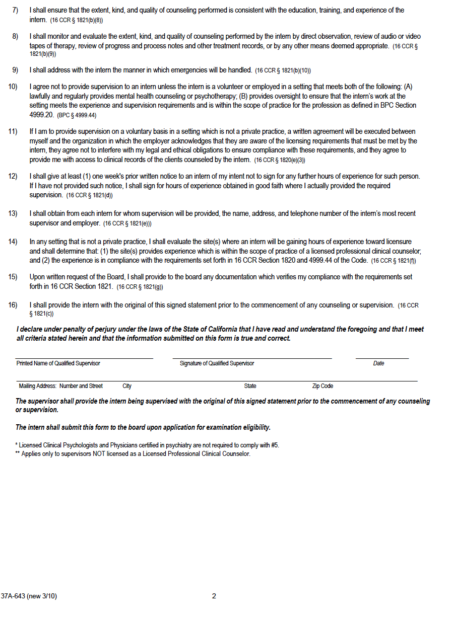 State of California Board of Behavioral Sciences supervisor responsibility statement form