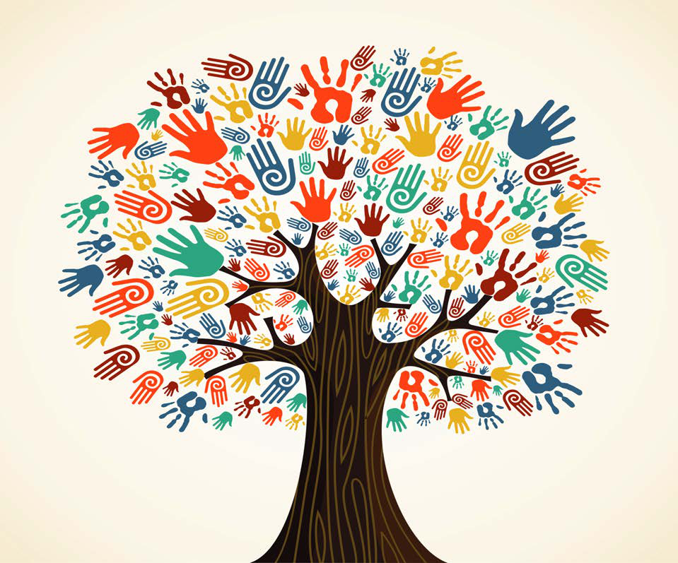 Colorful tree made of many hands representing multicultural education