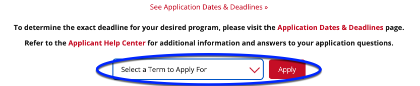 section on Cal State Apply landing page that allows applicants to select the semester they wish to apply to via a drop-down box with a button next to it that reads 'apply.' There is a circle around the drop-down box and 'apply' button.