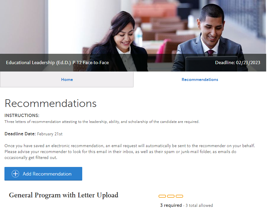 'Recommendations' page in the 'Program Materials' section of the Cal State Apply portal. 