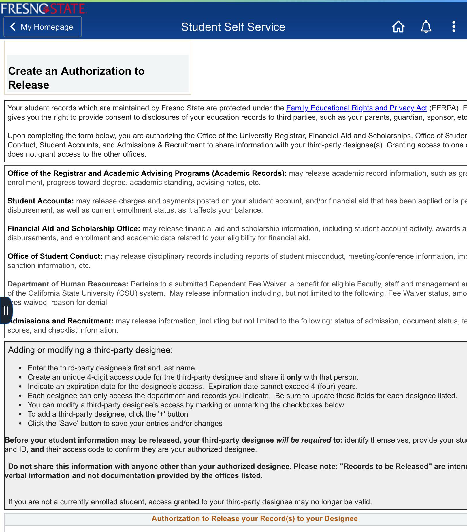 Student Self Service page showing Create an Authorization to Release