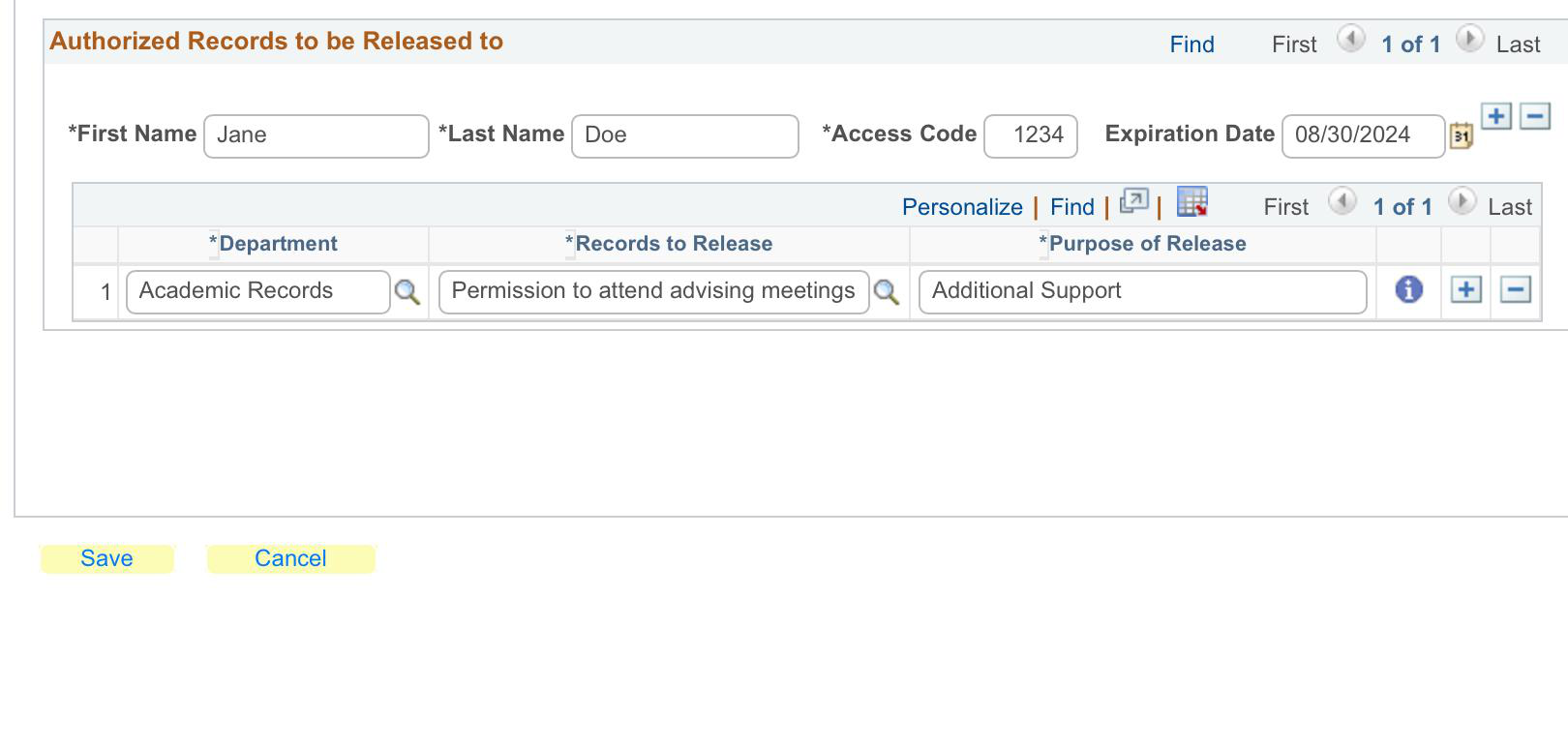 Authorization to Release form with fields for first name, last name, access code, expiration date, department, records to release, and purpose of release