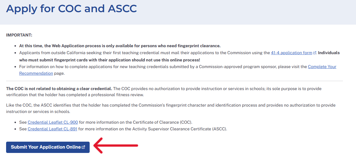 Certificate of Clearance Application button on the CCTC website