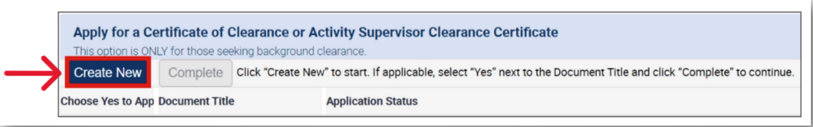 Certificate of Clearance Application Create New button