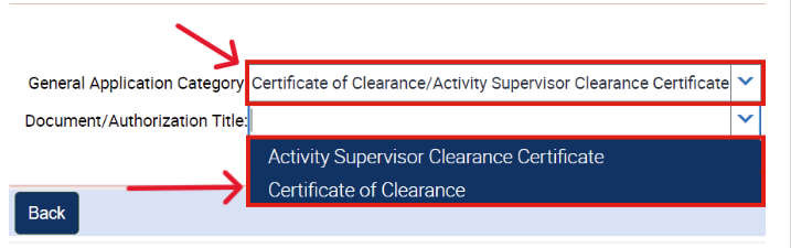 Certificate of Clearance Document Menus