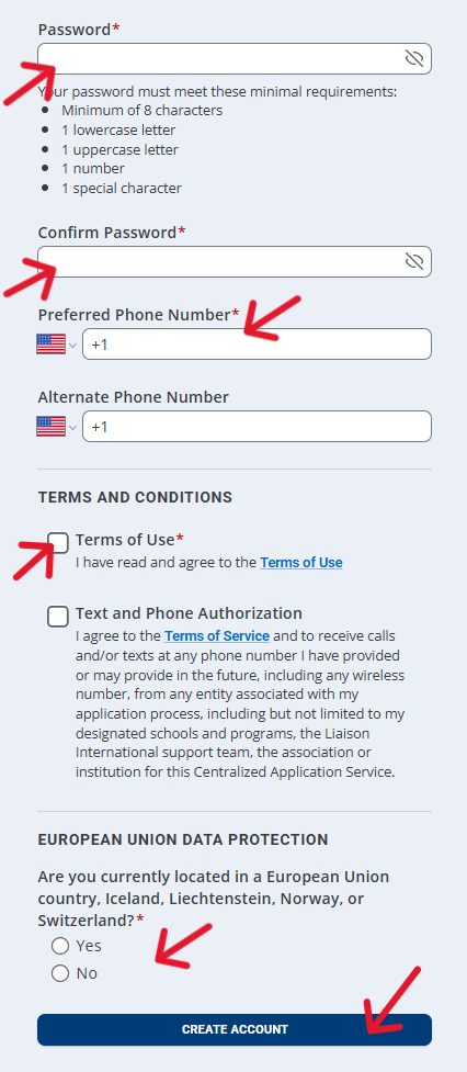 Create Account details screen continued