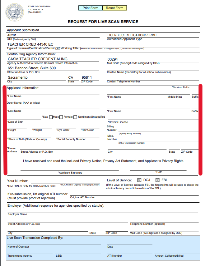 Fill out the Applicant Information section of the Request for Live Scan form
