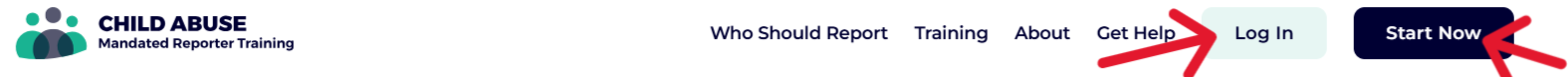 Mandated Reporter website log in or start now buttons
