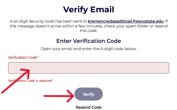Verification Code screen
