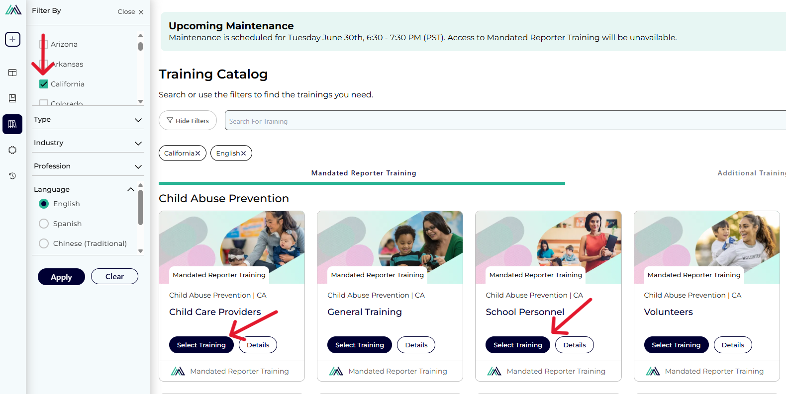 Training Selection Page