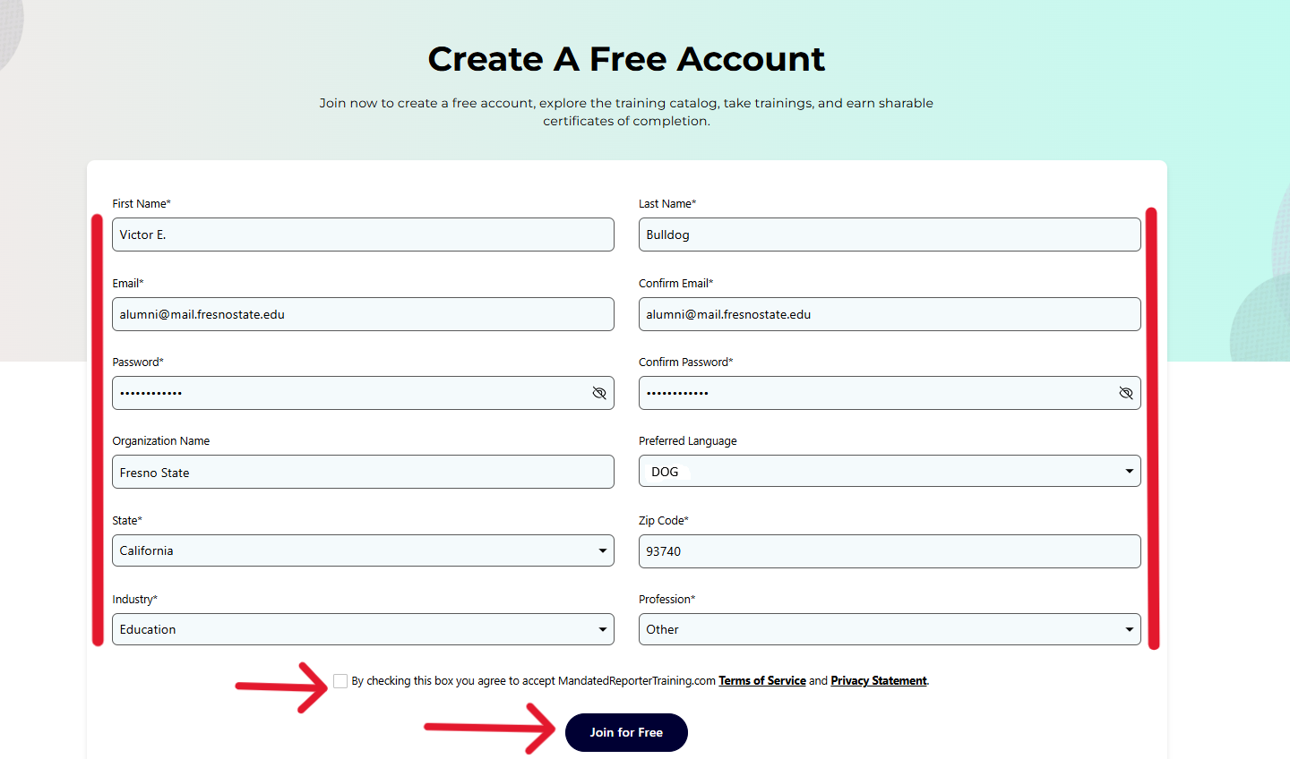 Create an Account page